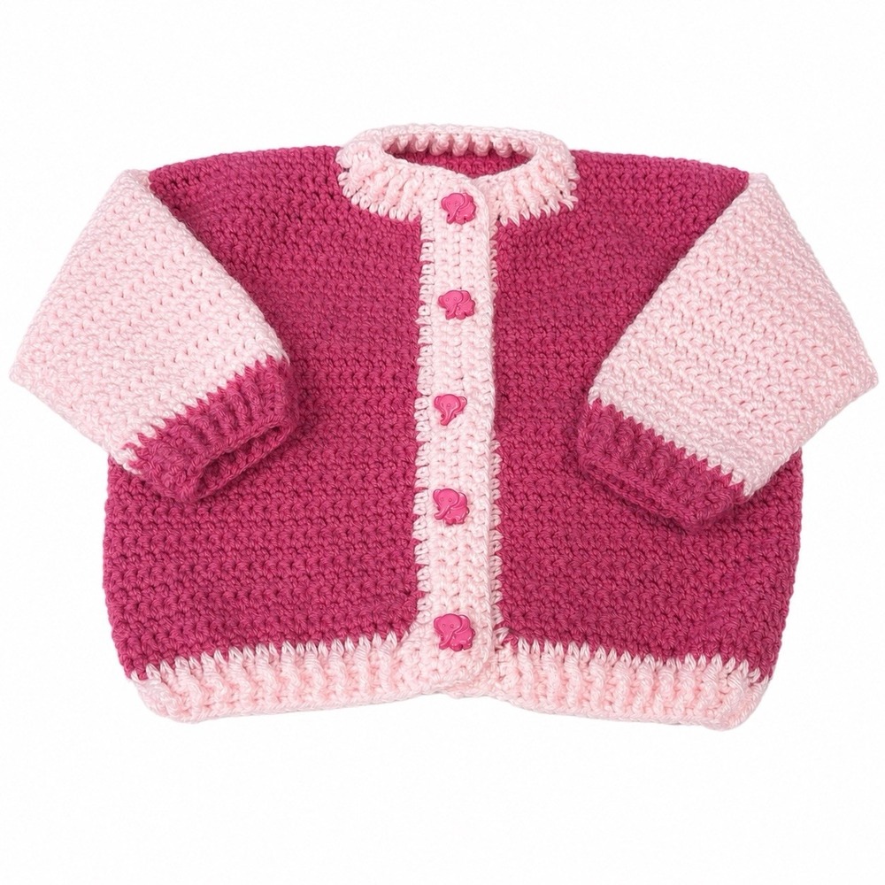 Handmade Primitive Pink Colorblock Cardigan Sweater Size 5T Elephant Buttons VTG